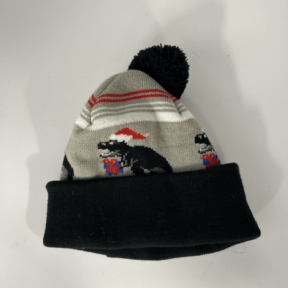 Giant T-Rex Santa Christmas Beanie Hat Pompom Gray Black YF7A04-P